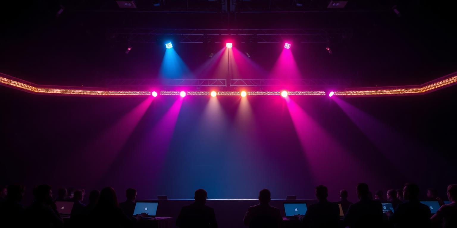 Dark stage with magenta and cyan spotlights